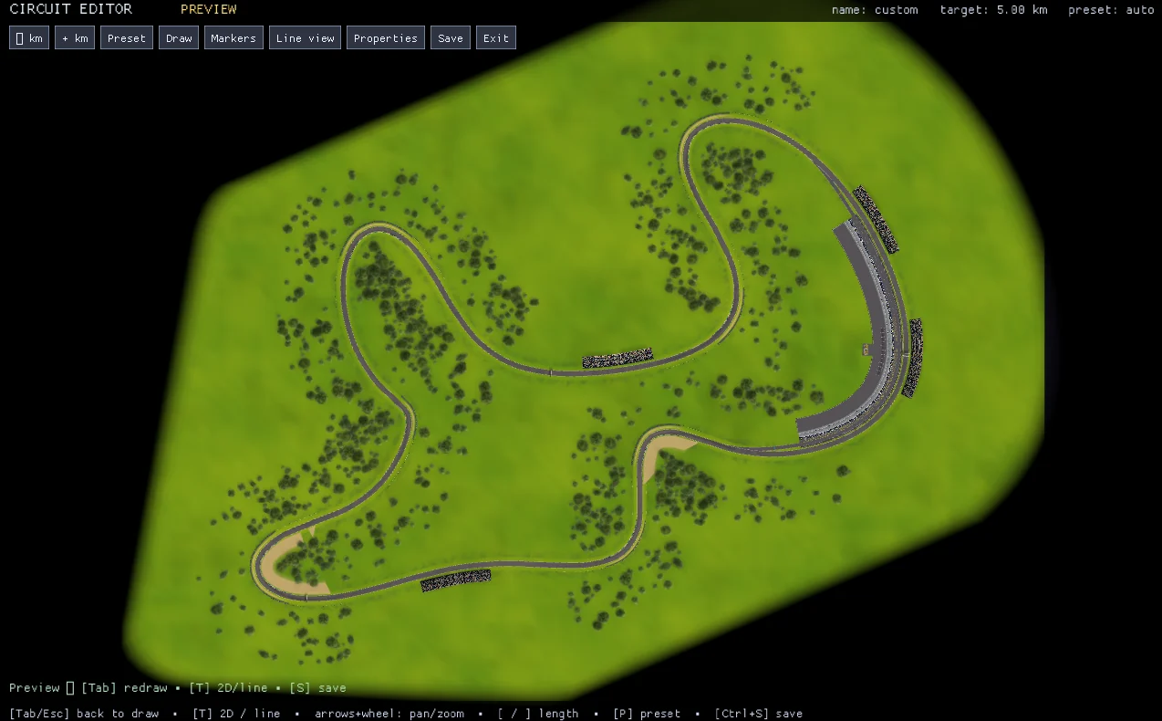 The Undercut Circuit Editor — a hand-drawn track previewed with the in-game renderer, with grandstands, trees and pit markers