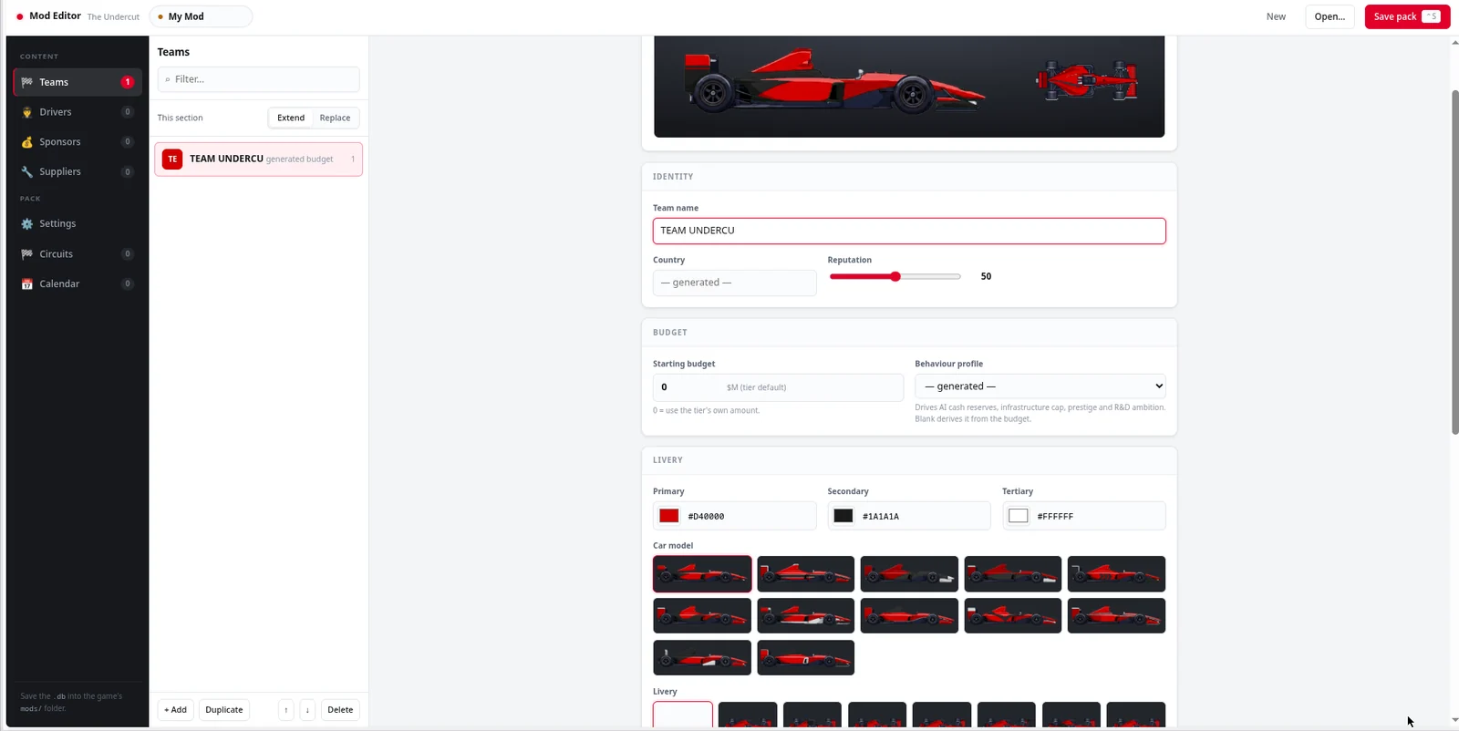 The Undercut Mod Editor — team identity, budget and livery editing with car model and livery pickers