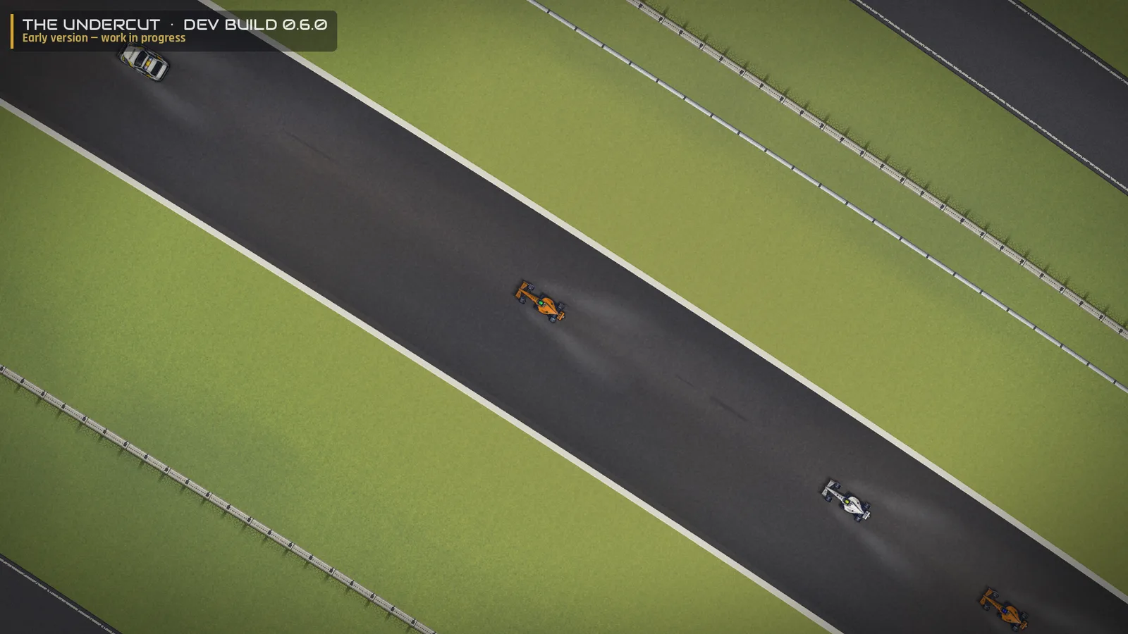 The Undercut 0.6.0 dev build — late in the drying phase: a dry racing line down the middle of the straight, with the wetter surface either side