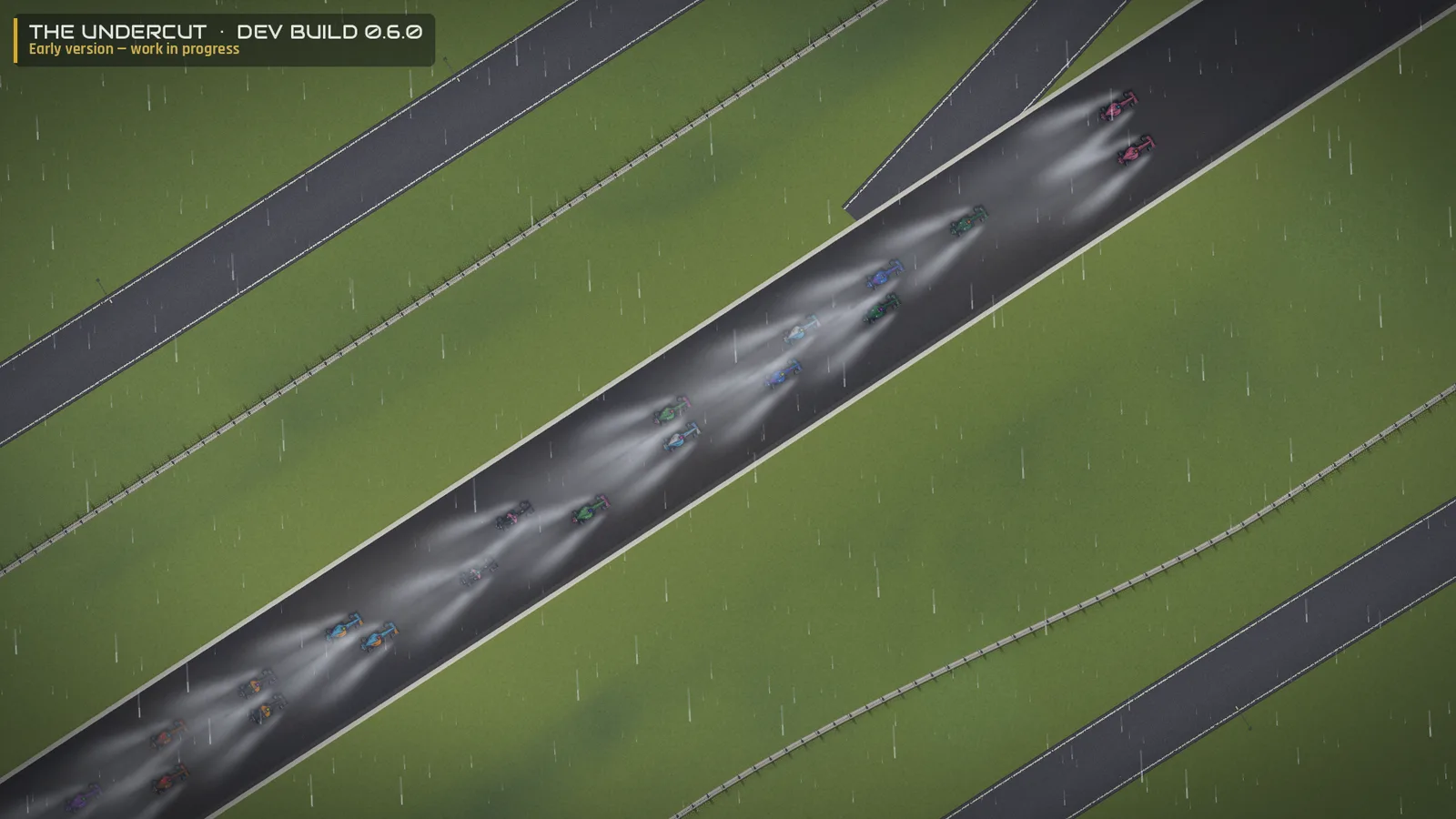 The Undercut 0.6.0 dev build — the whole field running in the rain on a long straight, every car throwing up a plume of spray