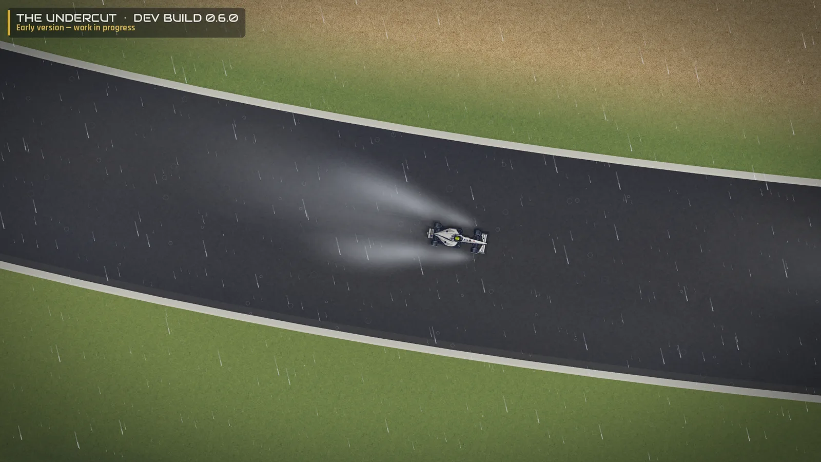 The Undercut 0.6.0 dev build — a single car on a wet track in heavy rain, spray trailing from the rear wheels