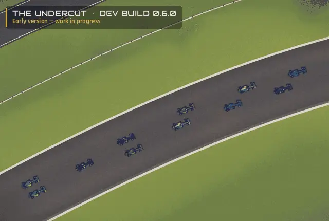 The Undercut 0.6.0 dev build — turn one on lap one: cars touch in the middle of the pack, two spin off into the gravel trap while the rest of the field gets through