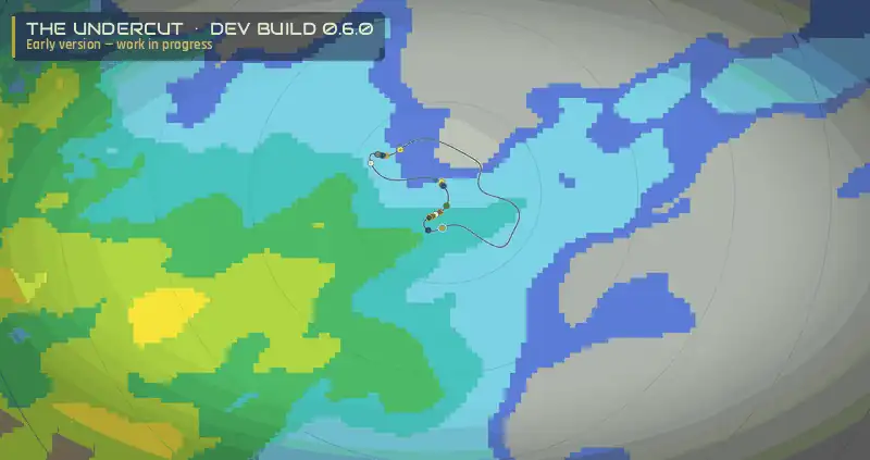 The Undercut 0.6.0 dev build — the weather radar: bands of showers, coloured by intensity, sweep across the region and over the circuit while the cars lap